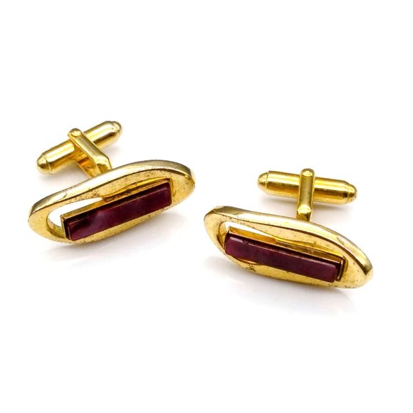 Elongated Hickok Cuff Links, Swanky Vintage Gold Tone Oval with Long Red Rectang - Picture 2 of 3